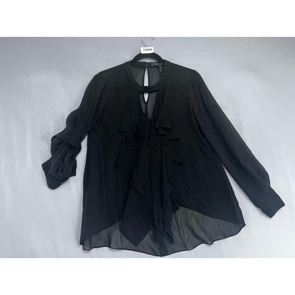 BCBGMAXAZRIA Black Ruffle Front Keyhole Blouse Long Sleeve XXS